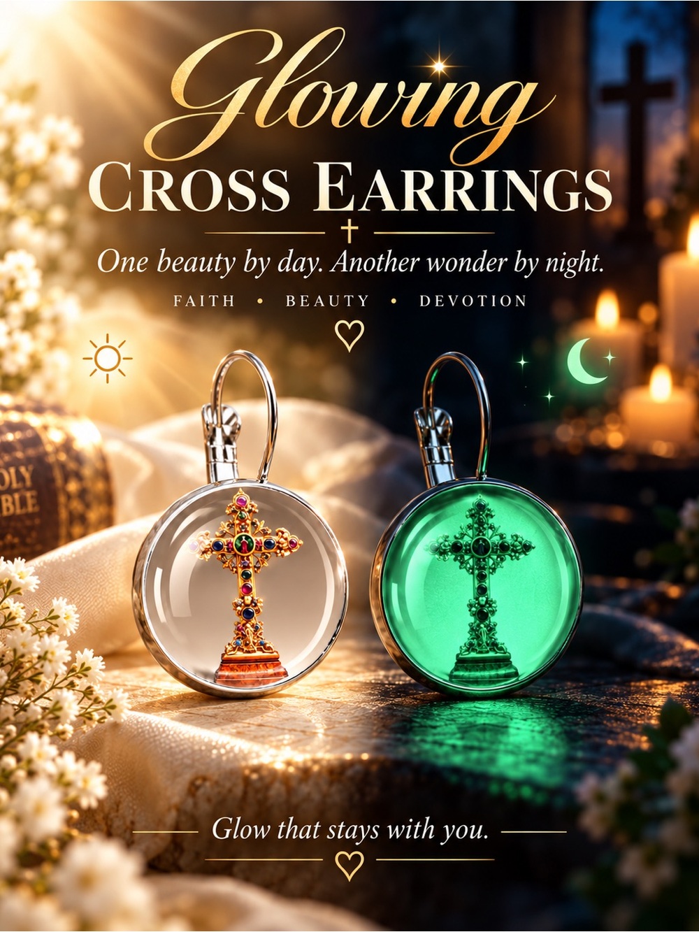 Glowing Cross Earrings in Gold and Green by